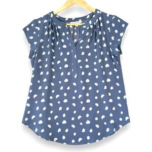 41 Hawthorne Blue White Speckled Print V-Neck Cap Sleeve Blouse Top Size S